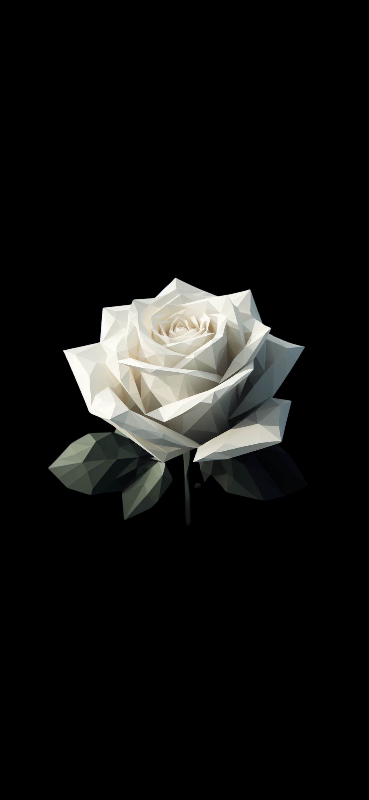 A geometric white rose with angular petals and dark green leaves against a black background.